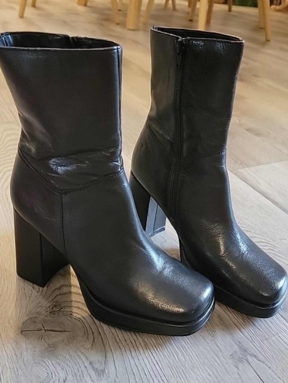Women's Black Platform Block Heel Ankle Boots - Sleek Zip-Up Style